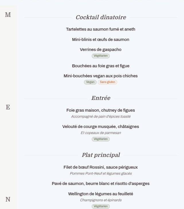Module menu IBDA : pages, sections et plats avec régimes alimentaires