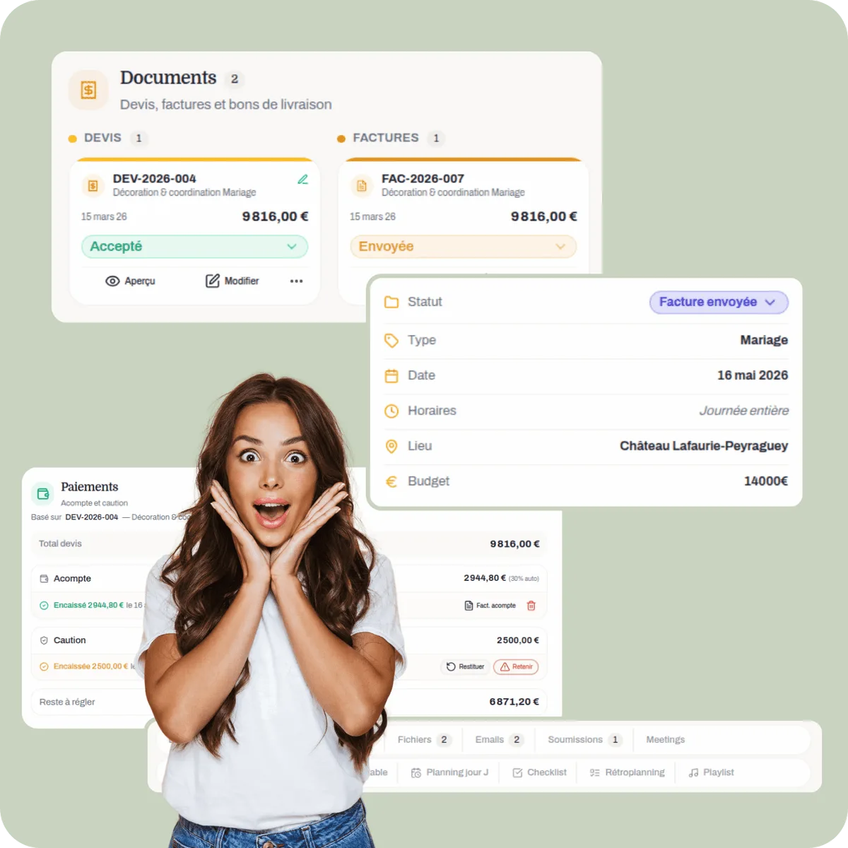 CRM, tâches et portail client pour wedding planners et prestataires événementiels — IBDA