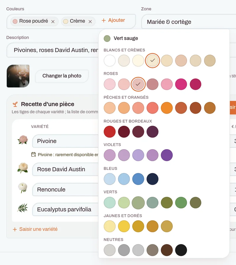 Nuancier des couleurs d'une composition florale