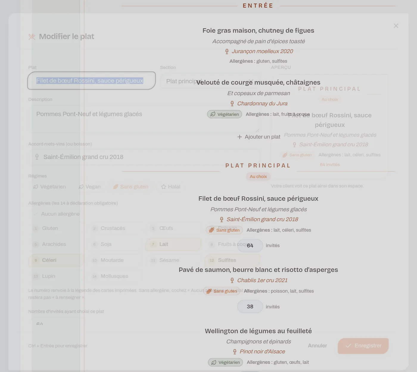 Fenêtre de saisie d'un plat du menu avec ses allergènes