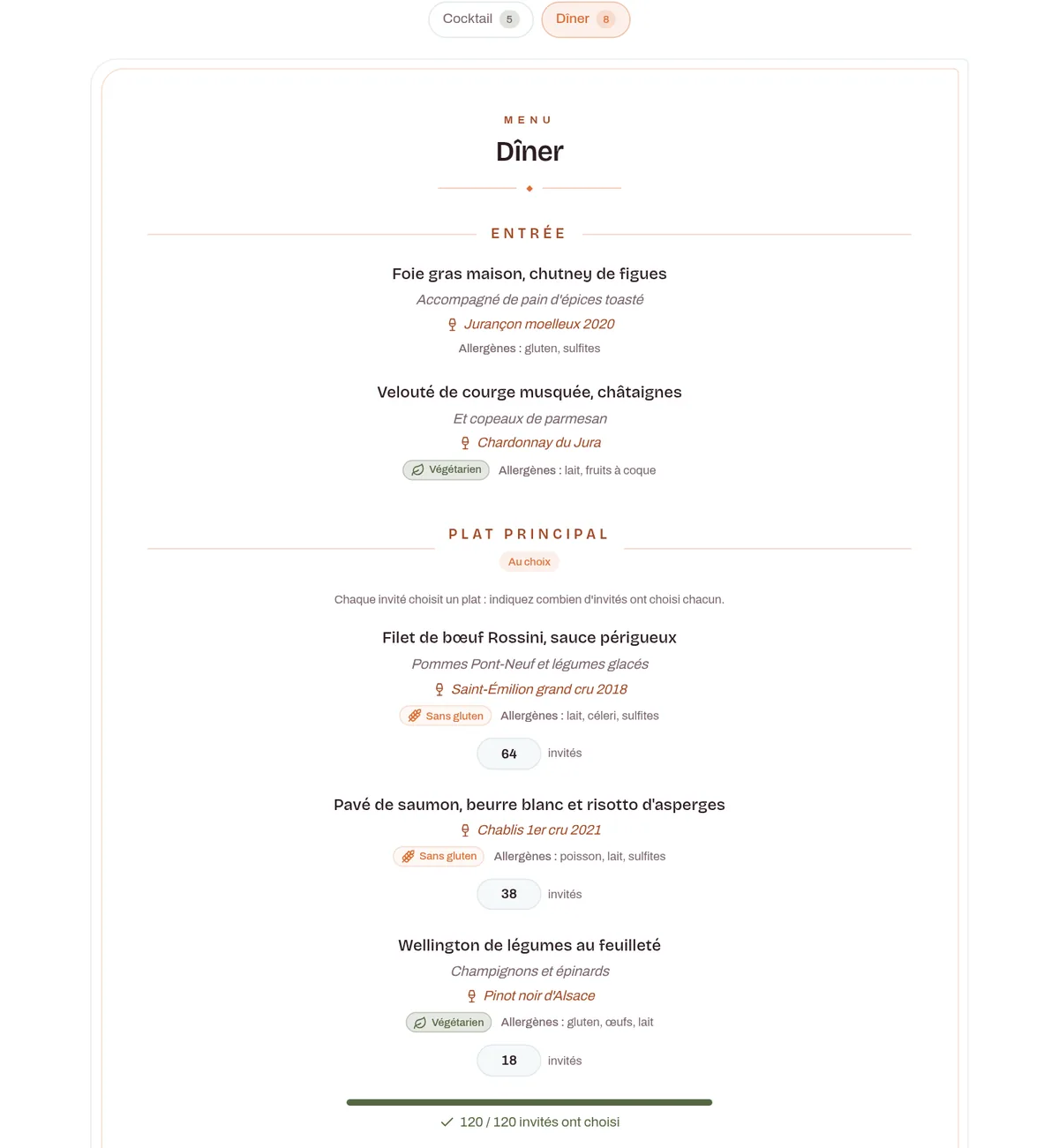 Menu vu par le client dans son espace, avec les plats au choix