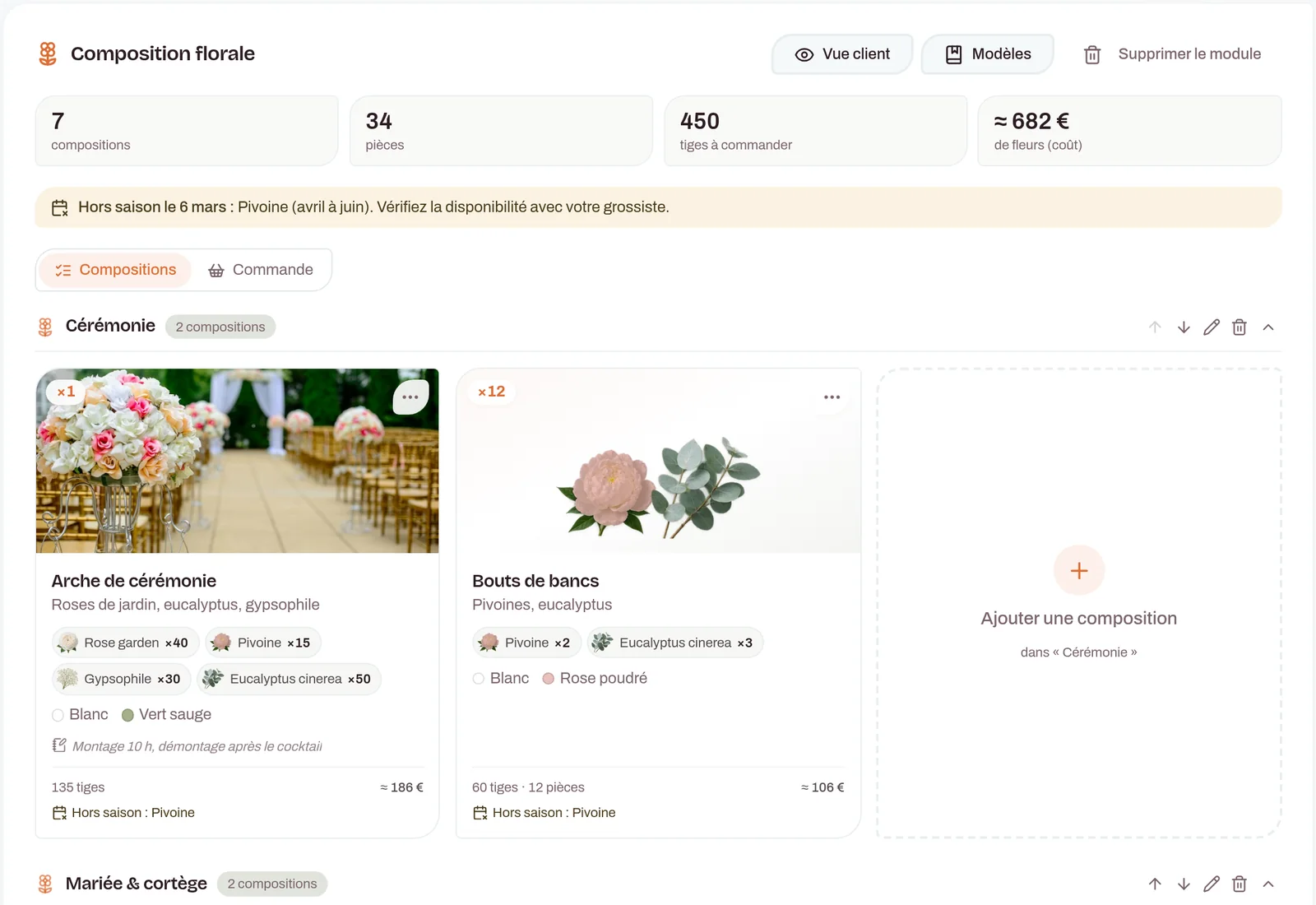 Module Composition florale d'IBDA : compositions en cartes par zone